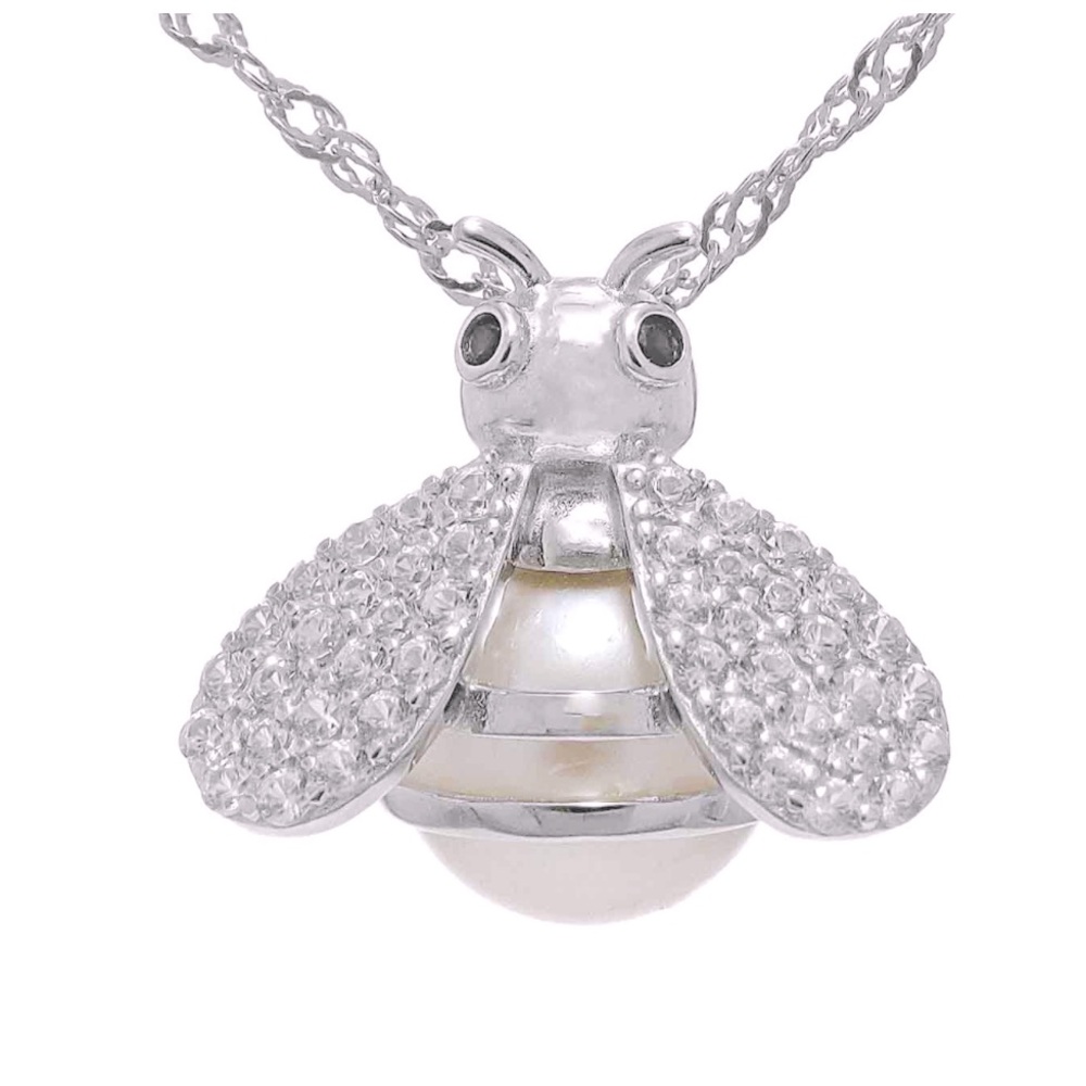 NEW Bee Necklace White Cultured Pearl White Zircon Lab Blue Sapphire Sterling